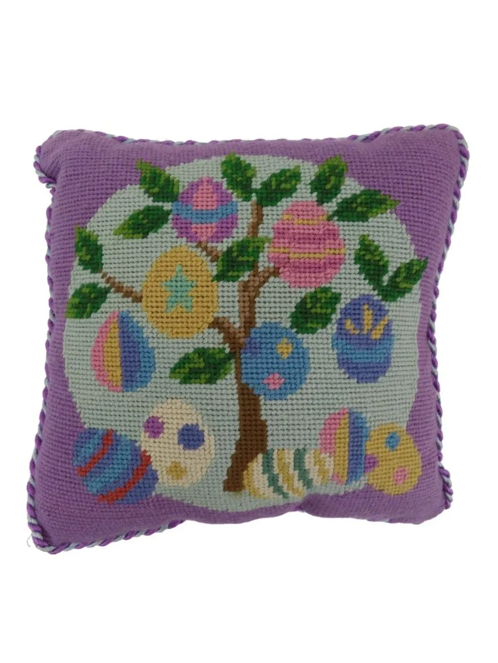 Easter Egg Tree Pastel Blue Yellow Purple Corded Needlepoint Accent Throw Pillow